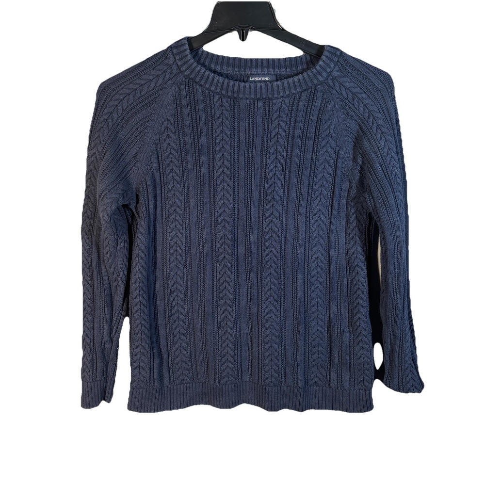 Lands' End Sweater Womens Large Blue 14-16 Navy Cotton Cable Knit Thick Cozy